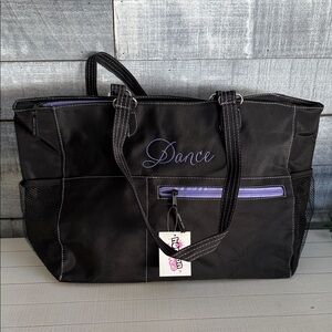 Ellie Tote - Dance Embroidered Black Tote Bag with Purple Zip Accent